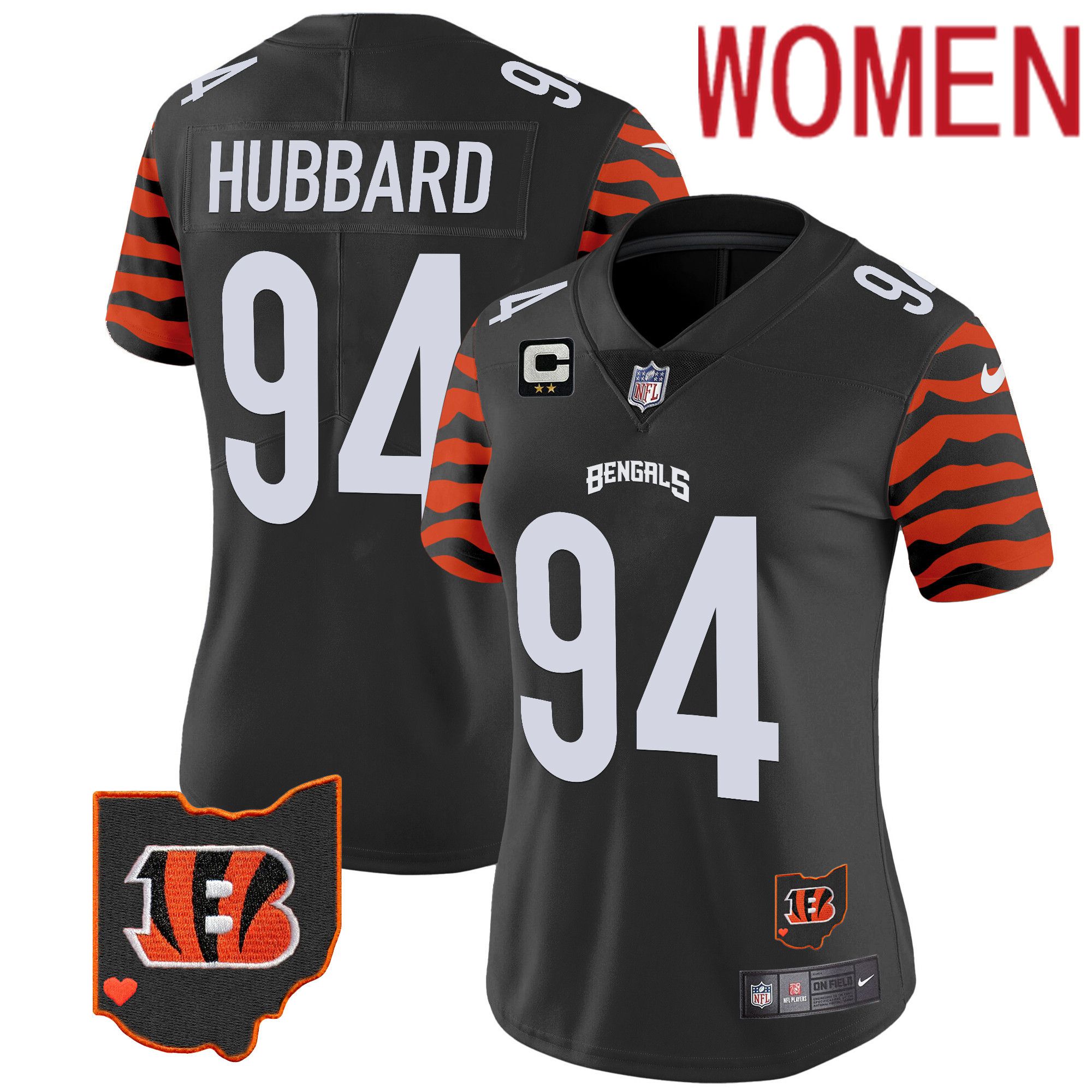 Women Cincinnati Bengals 94 Hubbard Black 2024 Nike Stripes Vapor Limited NFL Jersey